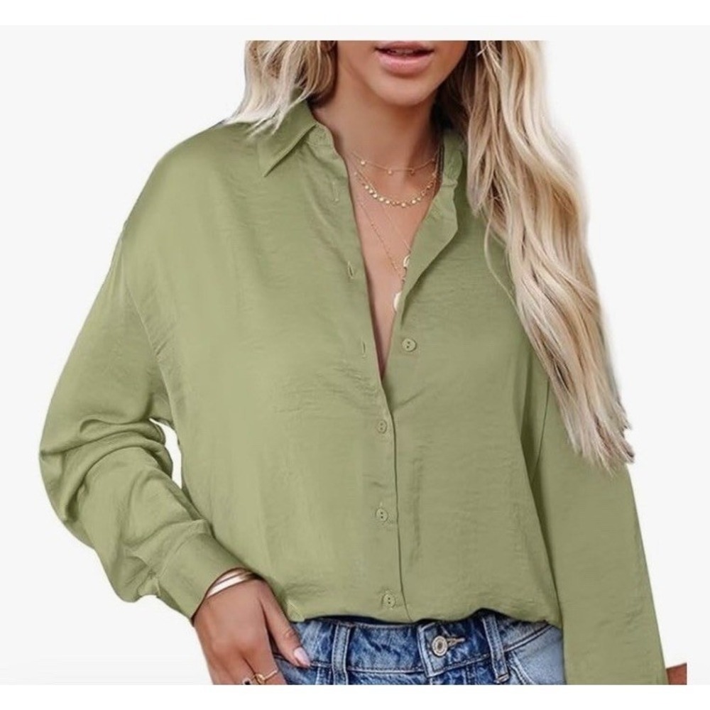NEW Astylish Women's Button Down V Neck Elegant Blouse Size XL Green C1030